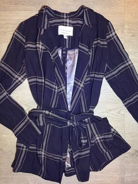 Viktoria & Woods Navy and Beige Plaid Wrap Blazer